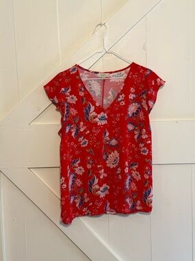 LOFT Outlet Medium Red Floral V-Neck Short Sleeve Blouse Cottagecore Boho